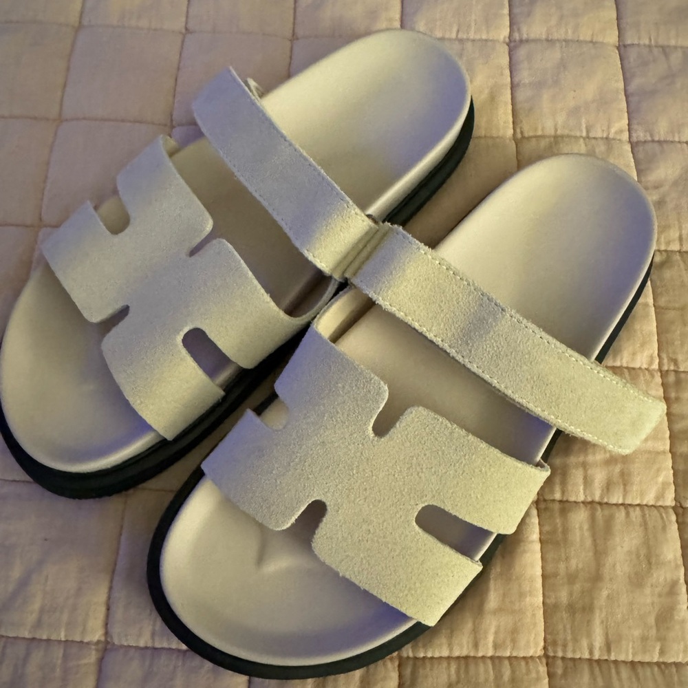 White Suede Slide Sandals - Double Strap